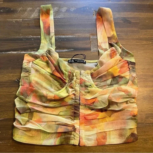 Zara Tulle Corset Top Printed Crop Sheer Underwire Green Orange Small - Picture 2 of 9